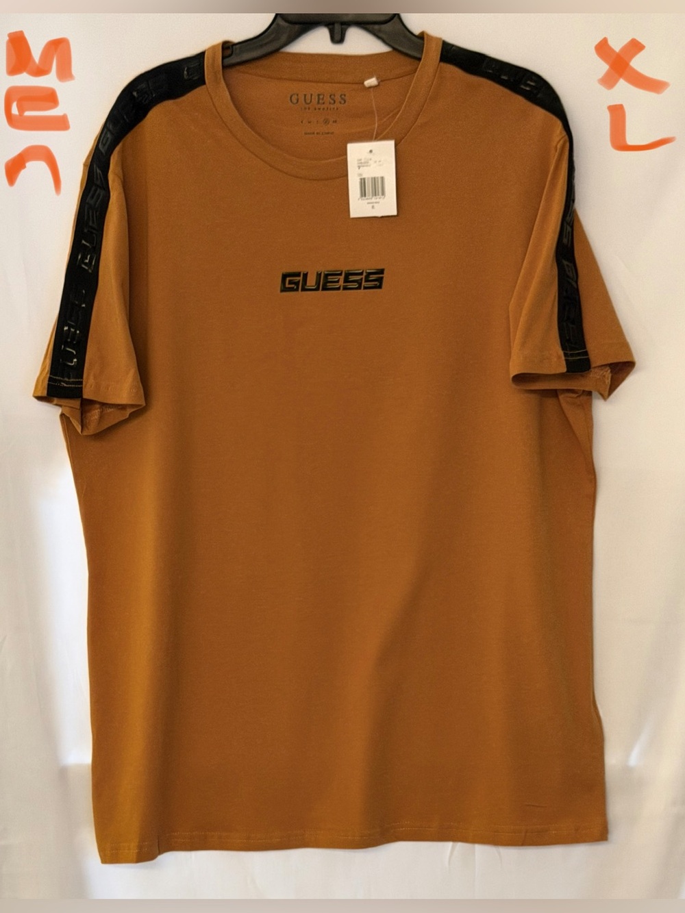 GUESS Men's Tan-Brown Short Sleeve Logo Tee with Black Shoulder Tape
